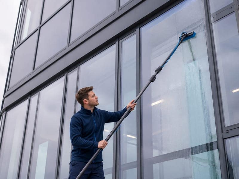 Mitarbeiter reinigt eine Glasfassade im ersten Obergeschoss mit einer Teleskop-Wasserstange vom Boden aus