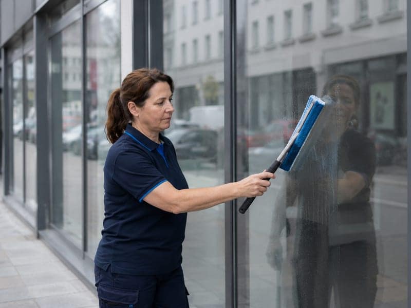 Mitarbeiterin wäscht die Schaufensterfront einer Ladenzeile mit dem Einwascher ein