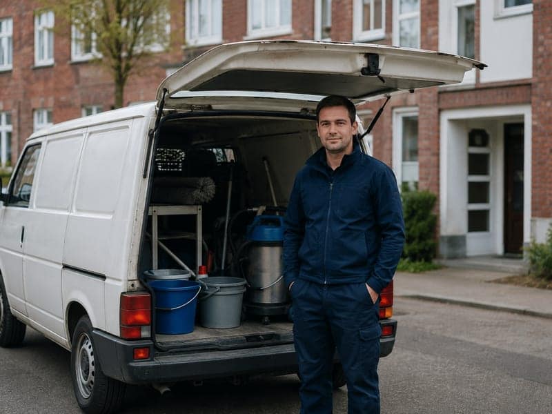 Firmengründer vor dem ersten Servicefahrzeug im Jahr 2002