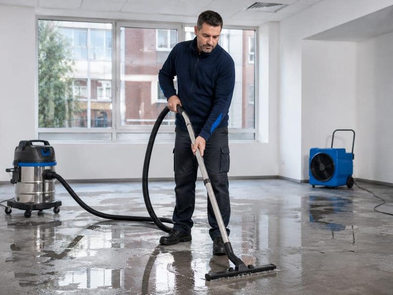 Mitarbeiter zieht mit dem Wassersauger stehendes Wasser von einem Boden ab, im Hintergrund läuft ein Bautrockner
