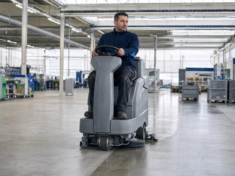 Mitarbeiter reinigt den Betonboden einer Produktionshalle mit einer Aufsitz-Scheuersaugmaschine