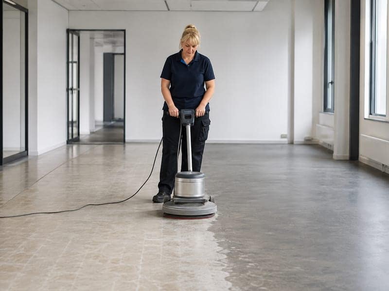 Mitarbeiterin entschichtet einen Hartboden mit der Einscheibenmaschine, die bearbeitete Fläche ist deutlich heller als der Rest