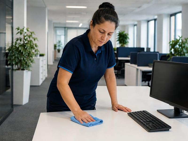 Mitarbeiterin wischt die Schreibtischoberfläche eines Arbeitsplatzes ab, Tastatur und Monitorfuß stehen frei