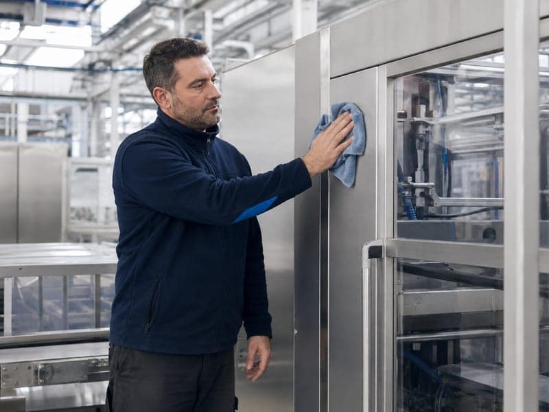 Mitarbeiter reinigt die Verkleidung einer Produktionsanlage im Maschinenumfeld