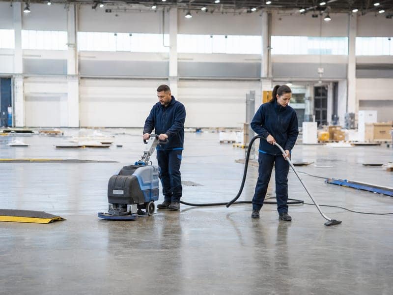 Zwei Mitarbeiter reinigen eine leere Messehalle nach dem Standabbau