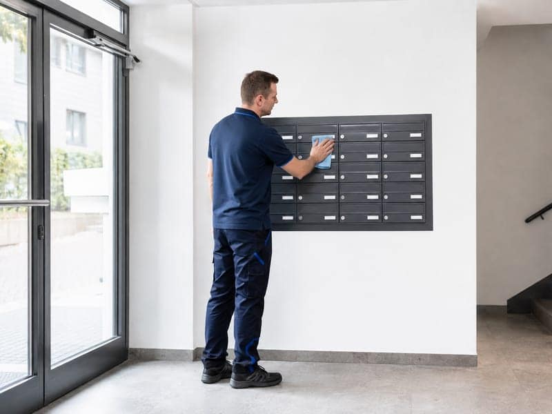 Mitarbeiter reinigt die Briefkastenanlage im Eingangsbereich eines Mehrfamilienhauses