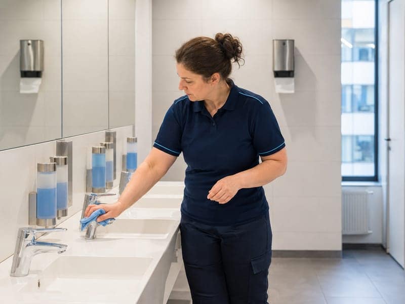 Mitarbeiterin reinigt die Armaturen einer Waschtischreihe im Sanitärbereich
