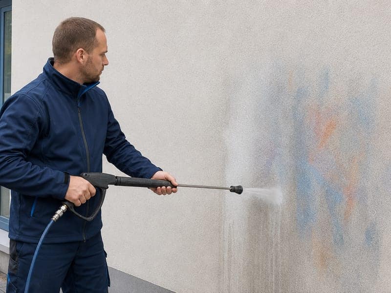 Mitarbeiter entfernt ein Graffito von einer Putzfassade mit dem Niederdruckgerät