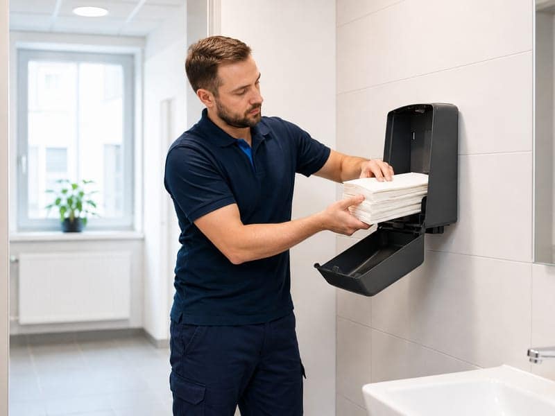 Mitarbeiter füllt den Papierhandtuchspender in einem Sanitärraum auf