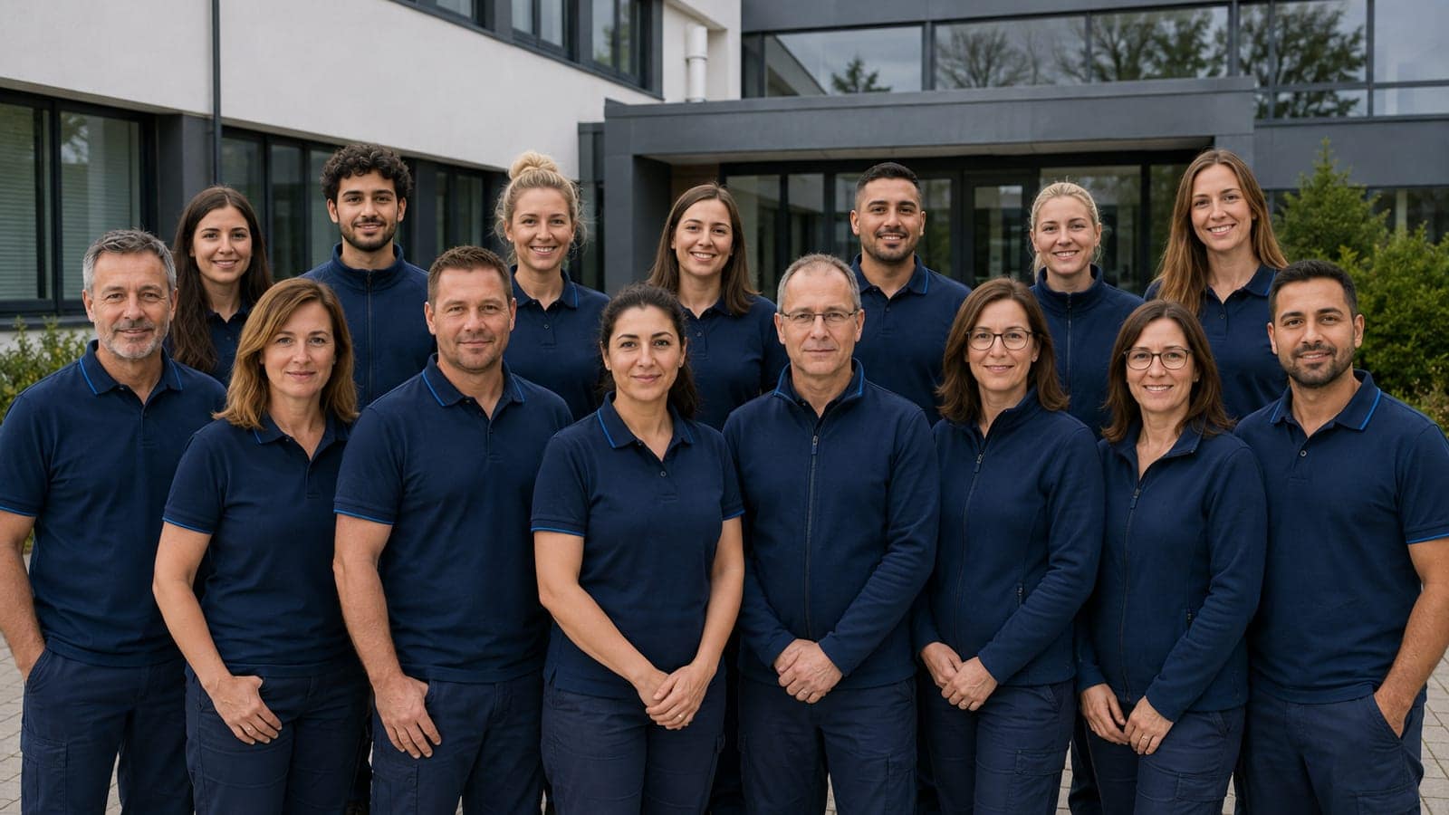 Das gesamte Team von HanseClear vor dem Firmengebäude in Hamburg